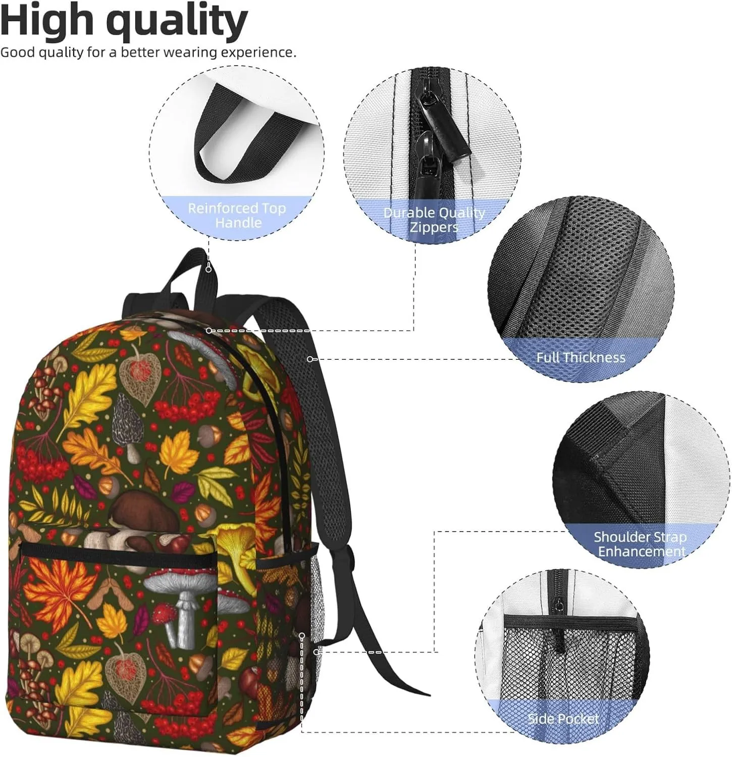 Mushrooms Autumn Maple Leaf Chestnut Mountain Ash Chanterelles 17 Inch Backpacks Multipurpose Laptop Backpack Double Shoulder Bag for Men Women Gifts