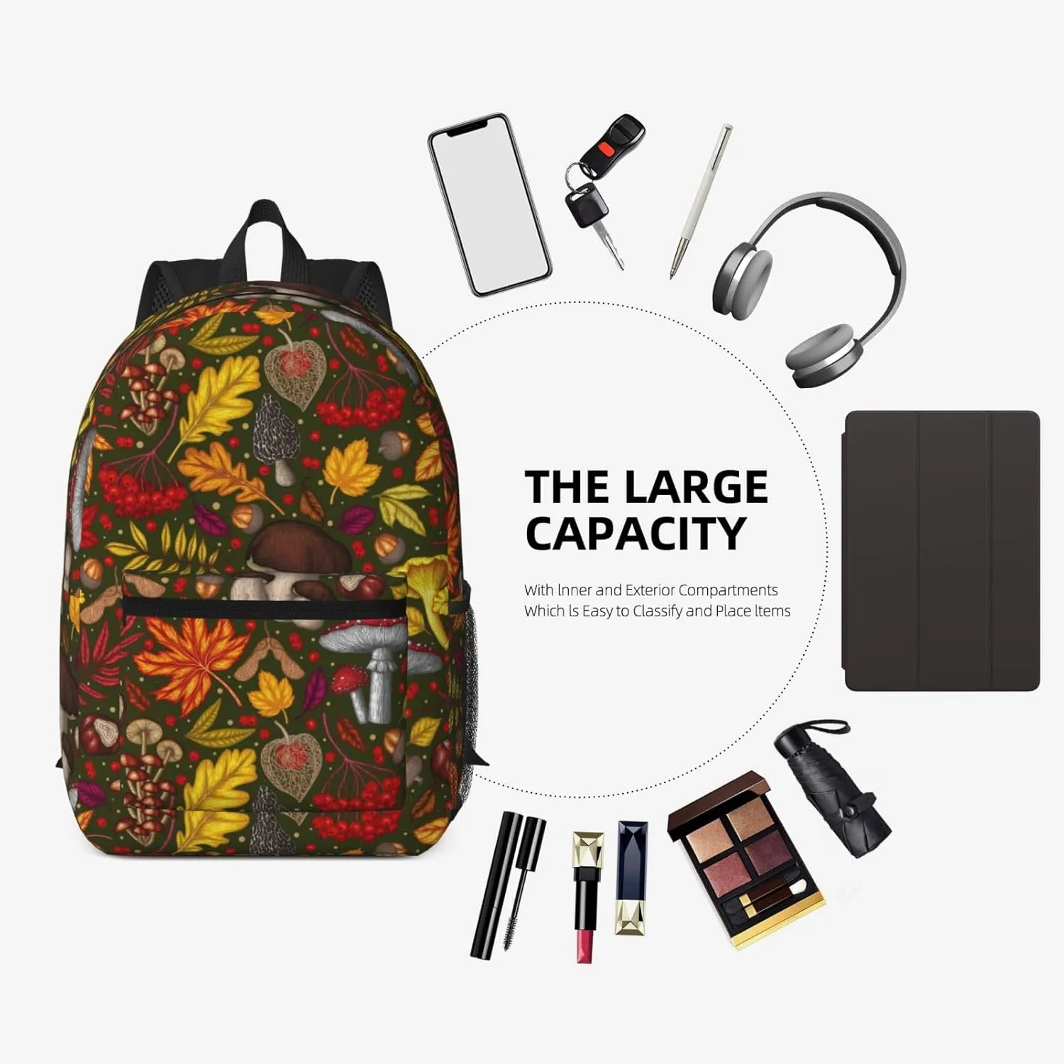 Mushrooms Autumn Maple Leaf Chestnut Mountain Ash Chanterelles 17 Inch Backpacks Multipurpose Laptop Backpack Double Shoulder Bag for Men Women Gifts