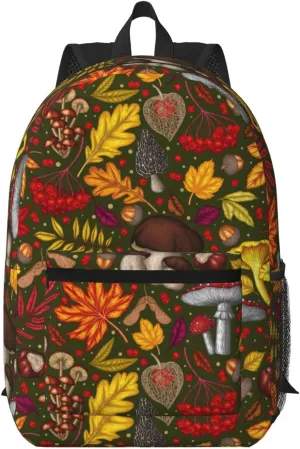 Mushrooms Autumn Maple Leaf Chestnut Mountain Ash Chanterelles 17 Inch Backpacks Multipurpose Laptop Backpack Double Shoulder Bag for Men Women Gifts