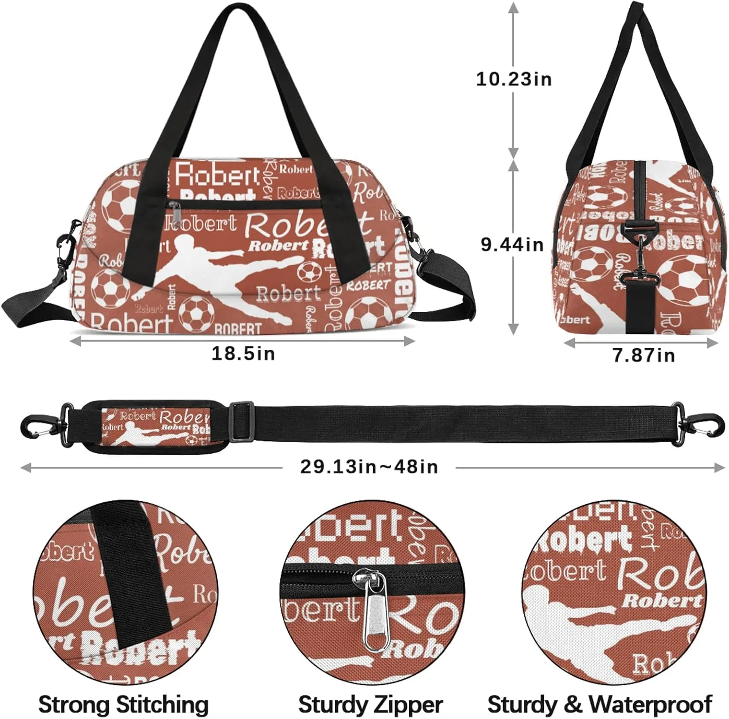 Personalized Soccer Sport Duffel Bag Custom Sports Bag Travel Overnight Shoulder Bags Customized Gifts for Women Men, Brown