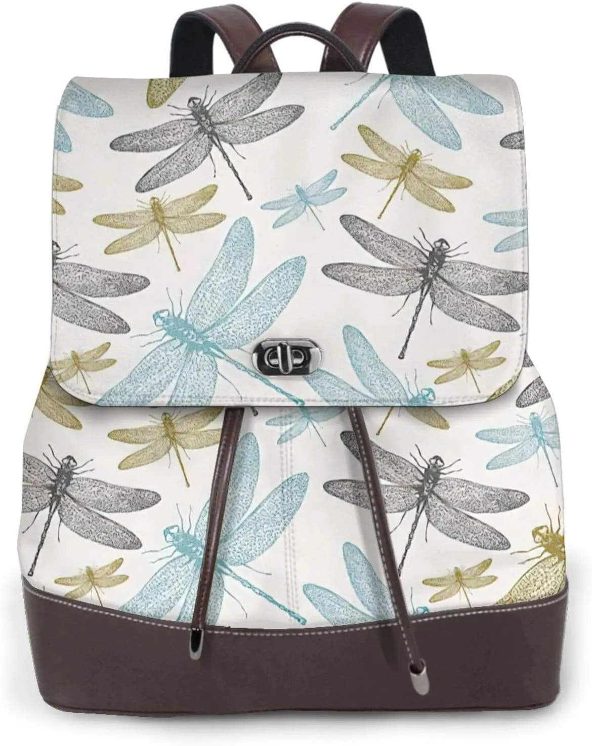 Simple Dragonfly Print Women's PU Leather Backpack, Fashion, Work, Journey Daily Use - Chestnut Brown
