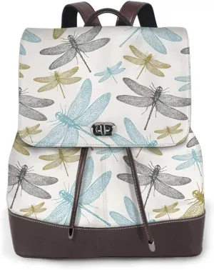 Simple Dragonfly Print Women's PU Leather Backpack, Fashion, Work, Journey Daily Use - Chestnut Brown
