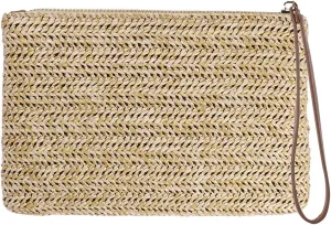 Straw Clutch Bag Bohemian Zipper Wristlet Summer Beach Handbag for Women Girls 8.26 X 4.52 Inch