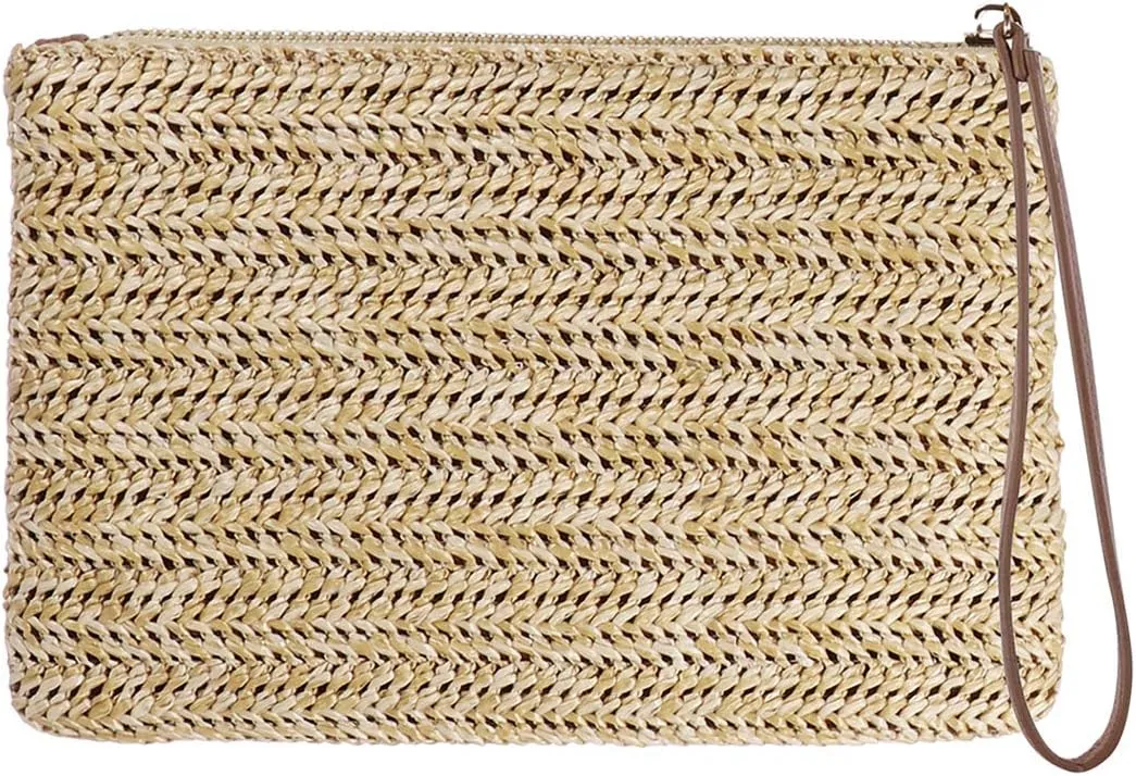 Straw Clutch Bag Bohemian Zipper Wristlet Summer Beach Handbag for Women Girls 8.26 X 4.52 Inch
