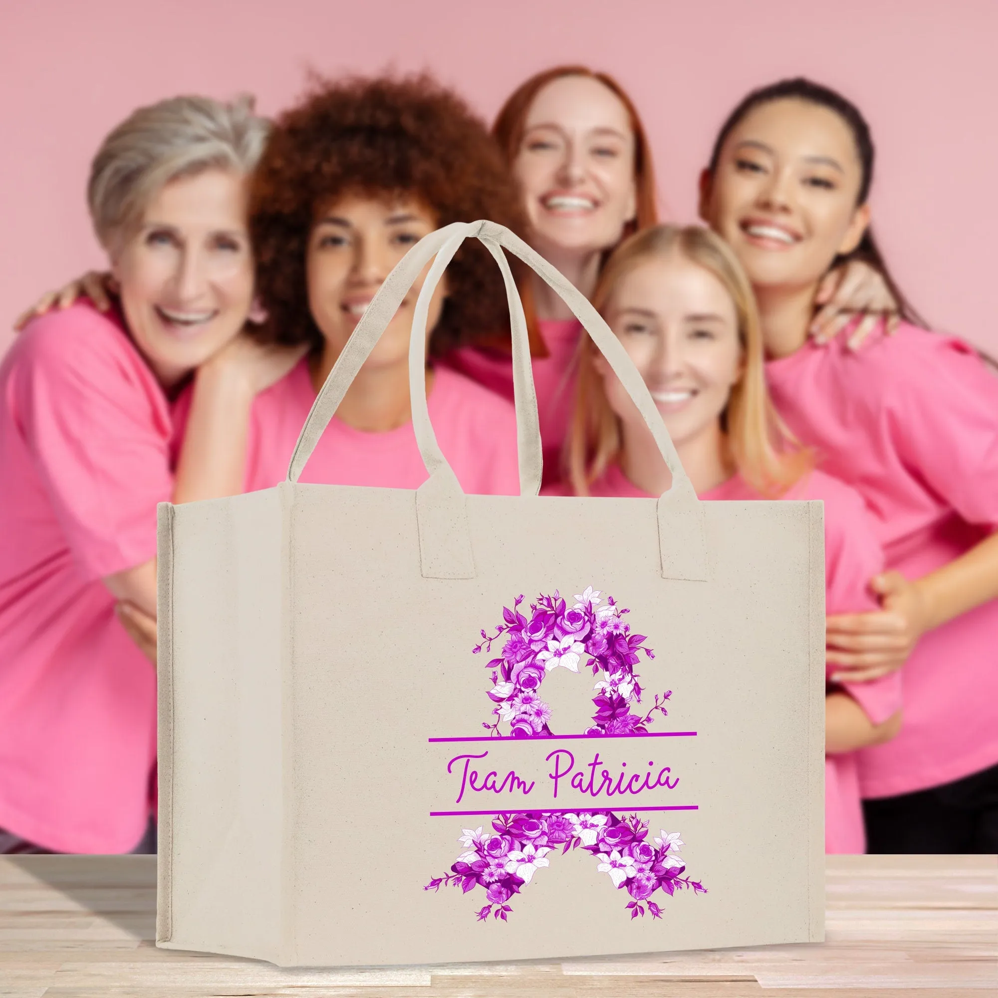 Team Name Ribbon Cotton Canvas Tote Bag Cancer Support Group Tote Bag For Friends Motivational Gift Bag Cancer Awareness Tote Bag (CAT1003)