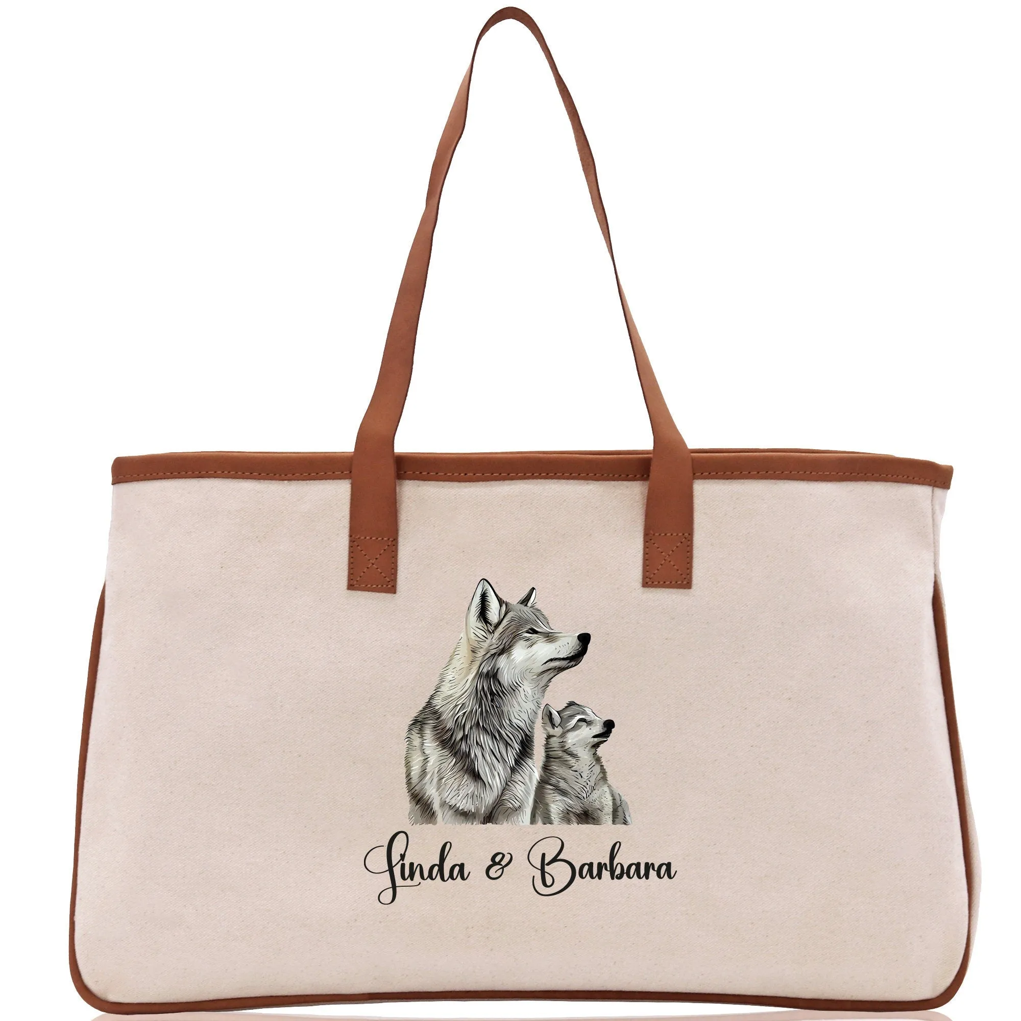 Wolf Mom And Baby Name Custom Cotton Canvas Tote Bag Custom Pet Lover Gift Pet Portrait Bag Personalized Pet Owner Gift Tote Bag