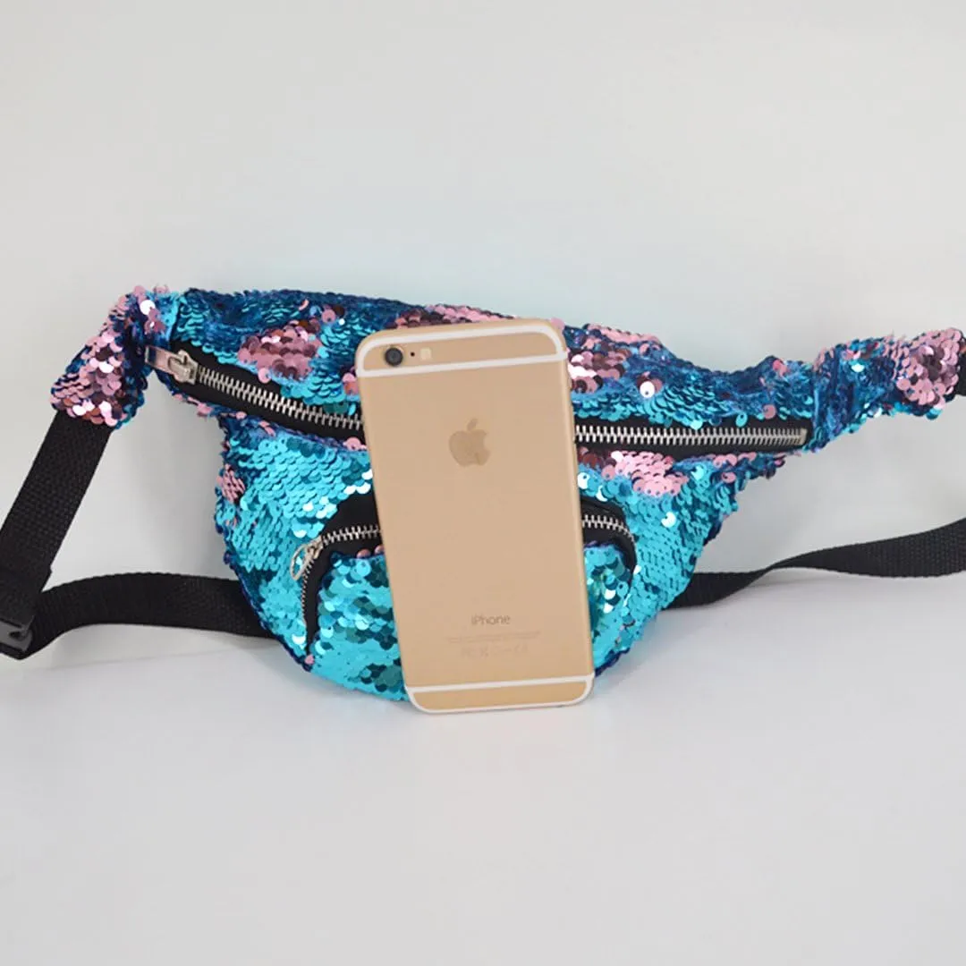 Women Men Glitter Mermaid Sequins Fanny Pack Contrast Color Rave Beach Waist Bag Chest Pack Corss-body Bag Purse Pouch Champagne Gold, Blue Pink