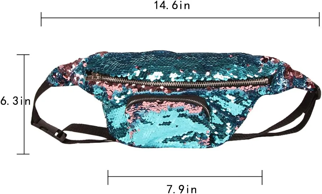 Women Men Glitter Mermaid Sequins Fanny Pack Contrast Color Rave Beach Waist Bag Chest Pack Corss-body Bag Purse Pouch Champagne Gold, Blue Pink