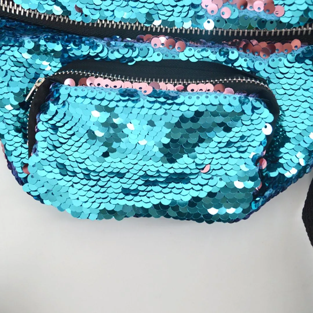 Women Men Glitter Mermaid Sequins Fanny Pack Contrast Color Rave Beach Waist Bag Chest Pack Corss-body Bag Purse Pouch Champagne Gold, Blue Pink