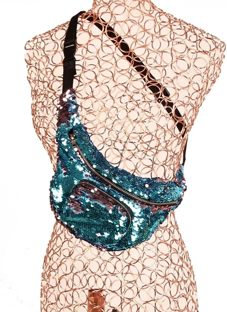 Women Men Glitter Mermaid Sequins Fanny Pack Contrast Color Rave Beach Waist Bag Chest Pack Corss-body Bag Purse Pouch Champagne Gold, Blue Pink