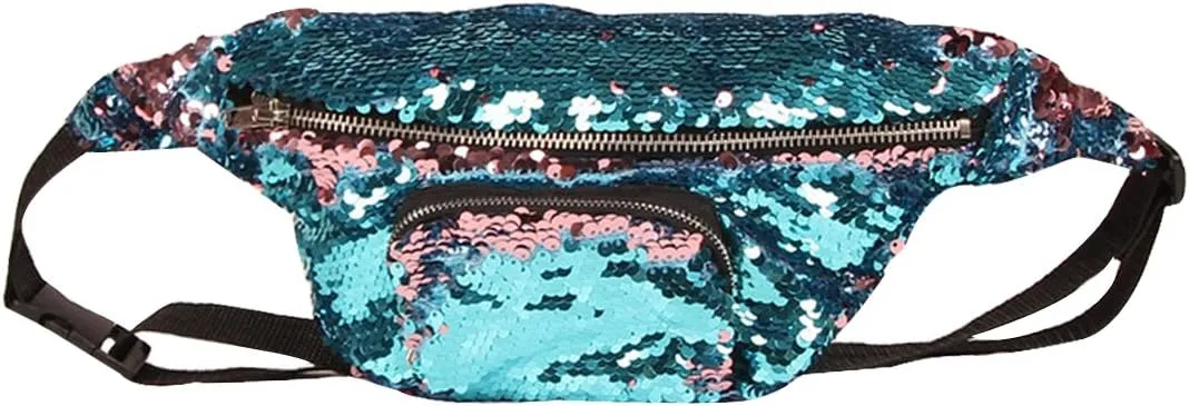 Women Men Glitter Mermaid Sequins Fanny Pack Contrast Color Rave Beach Waist Bag Chest Pack Corss-body Bag Purse Pouch Champagne Gold, Blue Pink
