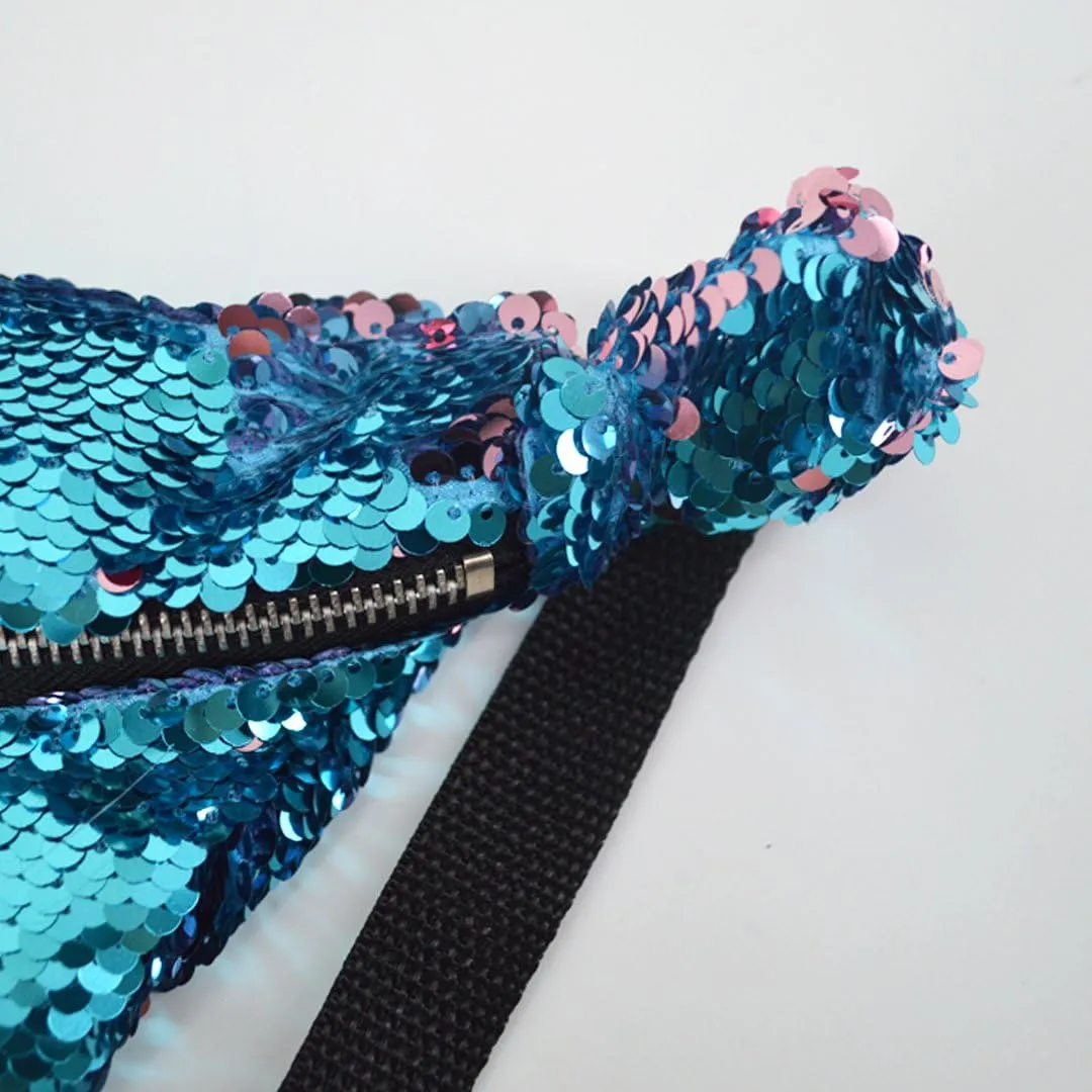Women Men Glitter Mermaid Sequins Fanny Pack Contrast Color Rave Beach Waist Bag Chest Pack Corss-body Bag Purse Pouch Champagne Gold, Blue Pink