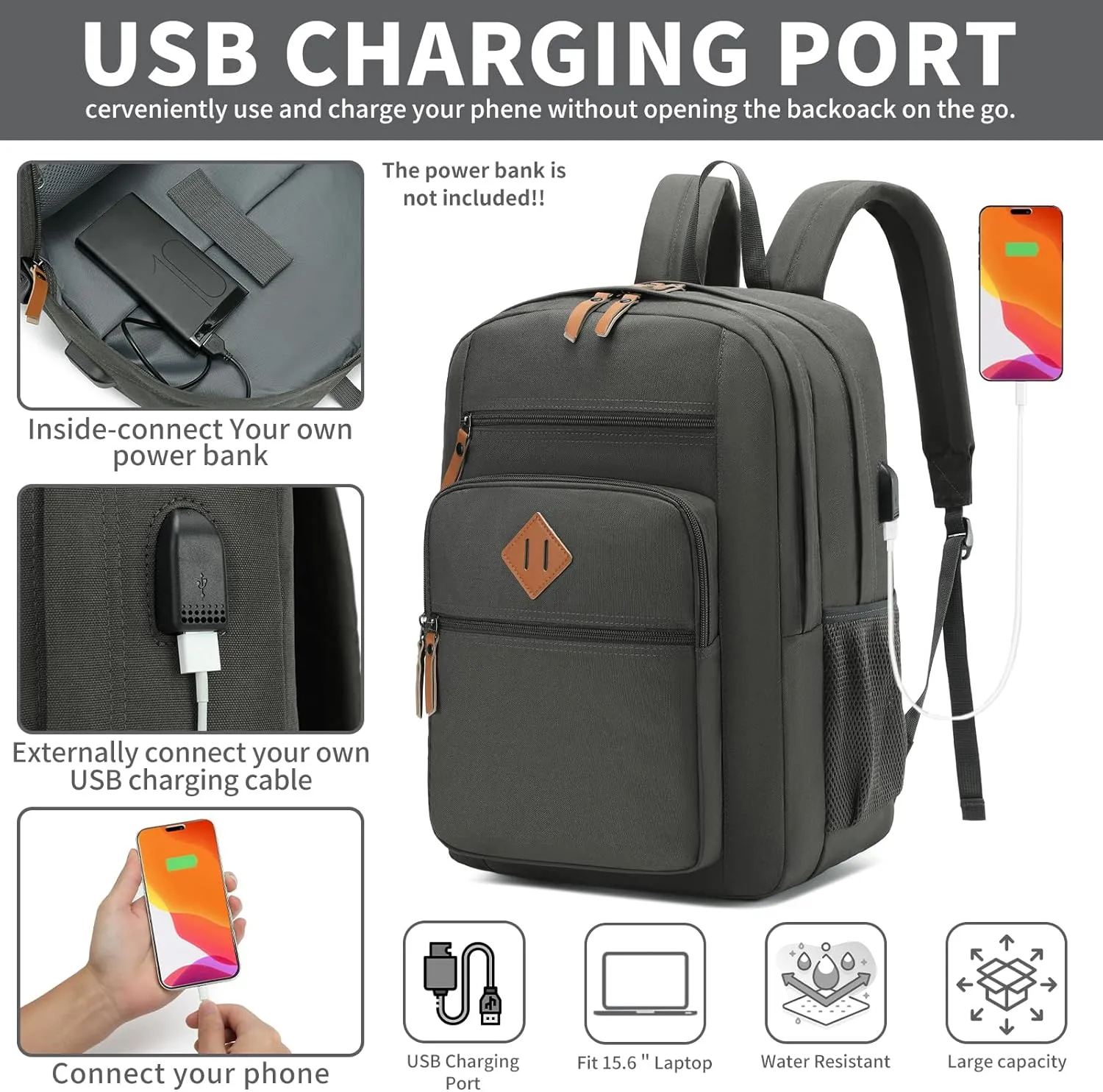YGR Classic Carry-on Travel Backpack for Men and Women, Anti Theft Laptop Backpack with USB Charging Port for Work, Large Computer Backpack for College, Water Resistant, Outdoor Sports, Work, Grey