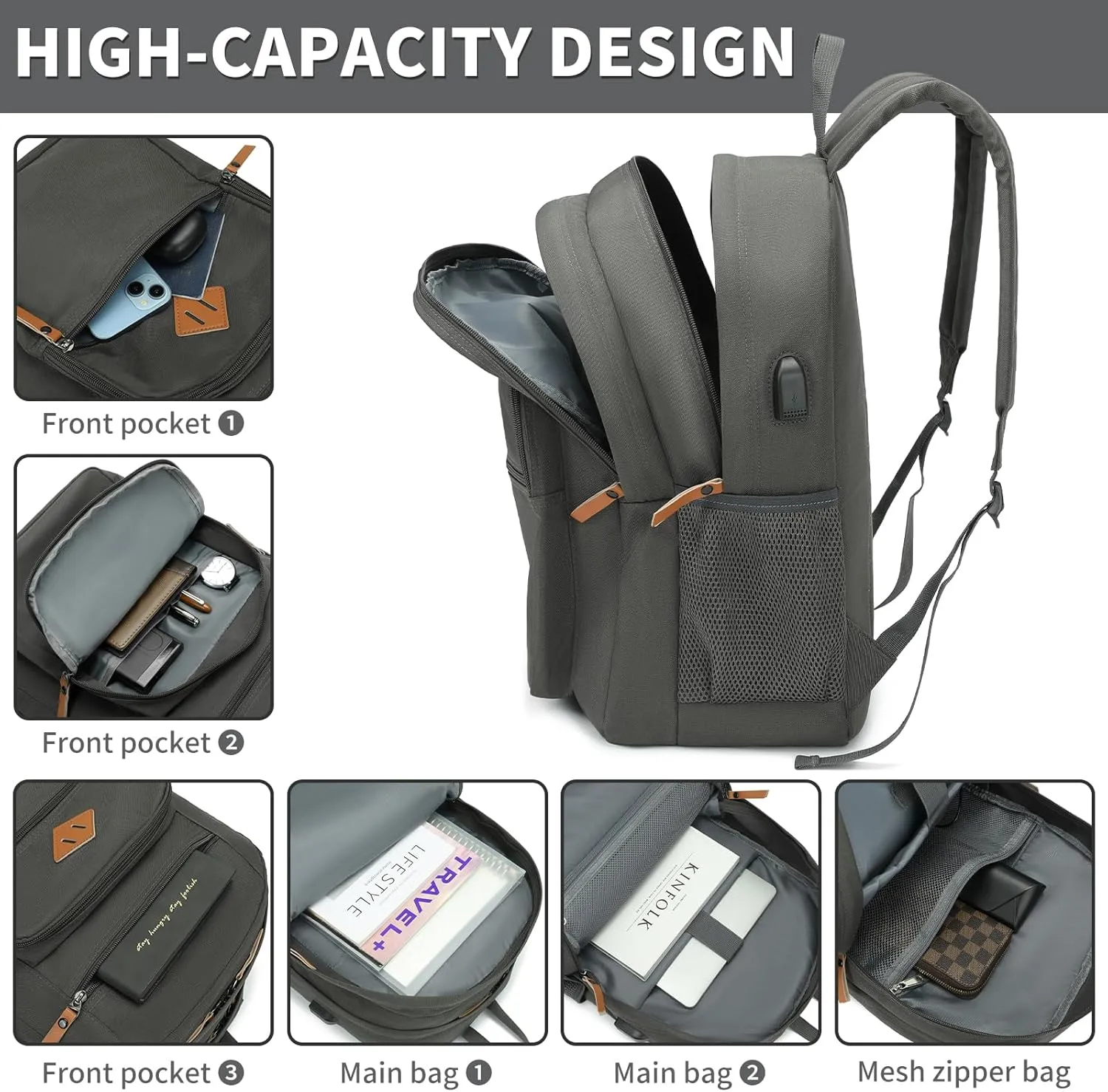 YGR Classic Carry-on Travel Backpack for Men and Women, Anti Theft Laptop Backpack with USB Charging Port for Work, Large Computer Backpack for College, Water Resistant, Outdoor Sports, Work, Grey