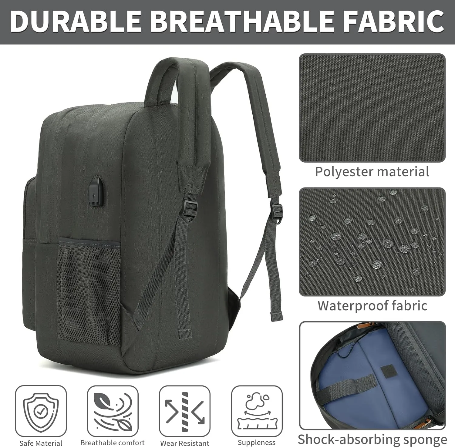 YGR Classic Carry-on Travel Backpack for Men and Women, Anti Theft Laptop Backpack with USB Charging Port for Work, Large Computer Backpack for College, Water Resistant, Outdoor Sports, Work, Grey